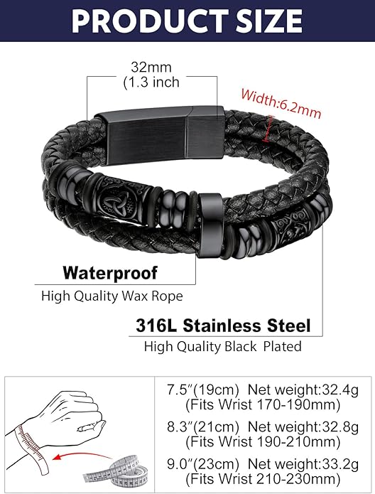 Bandmax Mens Black Double Wax Rope Cuff Bracelets Waterproof Stainless Steel Norse Style Celtic Knot Beads Bracelet Wristband Gift for Men