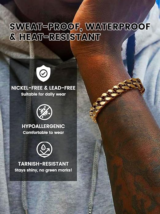 Bestyle Thick Mens Cuban Link Chain Bracelets, Durable Real 18K Gold/Black Metal Plated Solid Stainless Steel Hand Chain Cuban Bracelets for Men, Silver Black Gold Bracelets for Father Husband