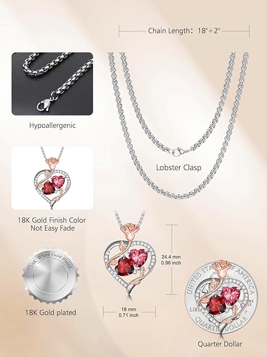 Christmas Gifts for Women Rose Heart Birthstone Pendant Necklace I Love You Forever Jewelry Valentine Mothers Day Birthday Gifts for Women Her Wife Girlfriend