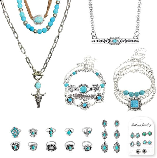 26 PCS Turquoise Cowgirl Jewelry for Women with Layered Boho Necklace, Turquoise Stud Earrings, Bohemian Bracelet and Ring Set, Country Western Jewelry for Women Gift