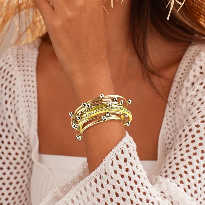 ENGCKSHI Wrapped Bracelets for Women,Leather Bracelet,Boho Bracelets for Women,Multi-Layer Pearl Crystal Bracelet Bangle Jewelry