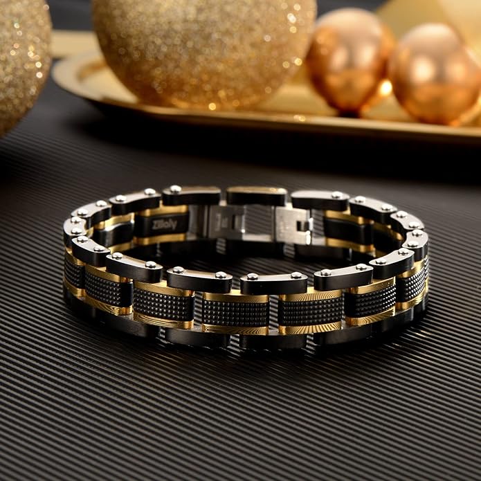 Holizaly Men's Stainless Steel Two Tone Square Link Bracelet, Black and Blue Ion Plated Black