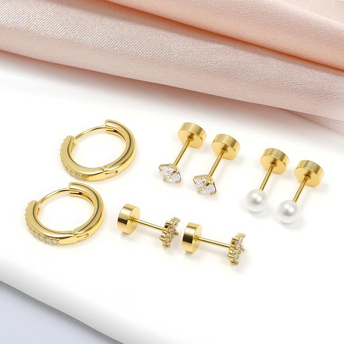 Gold Hoop Earrings for Women - 4 Pairs 14K Gold Plated Dainty Huggie Stacks Set for Multiple Piercing, Hypoallergenic Cartilage Earrings CZ Trendy Fashion Jewelry