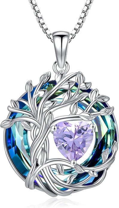 TOUPOP Christmas Gifts Tree of Life Birthstone Necklace 925 Sterling Silver Pendant Austrian Crystal Jewelry Anniversary Birthday Gifts for Women Mom Her Wife