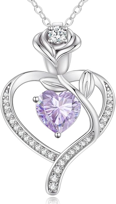 LOUISA SECRET Rose Flower Heart Birthstone Necklaces for Women, 925 Sterling Silver Fine Jewelry, Pendant Heart Necklaces Birthday Anniversary Christmas Gift for Women Wife Mom Girlfriend Lady