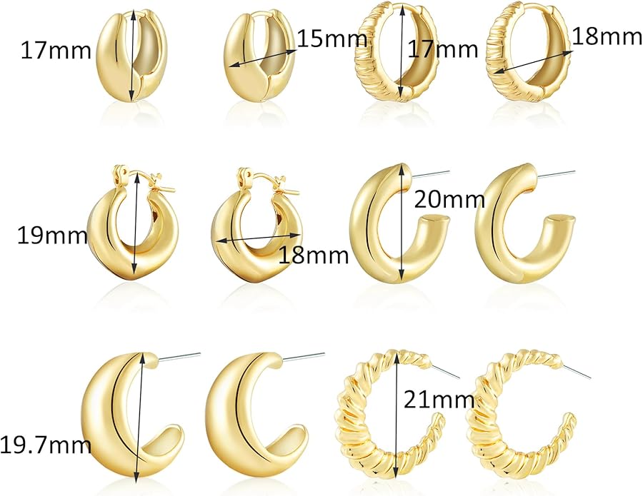 6 Pairs Gold Hoop Earrings for Women, 14K Gold Plated Lightweight Chunky Hoop Earrings Set Hypoallergenic, Thick Open Huggie Hoops Earrings Jewelry for Gifts.