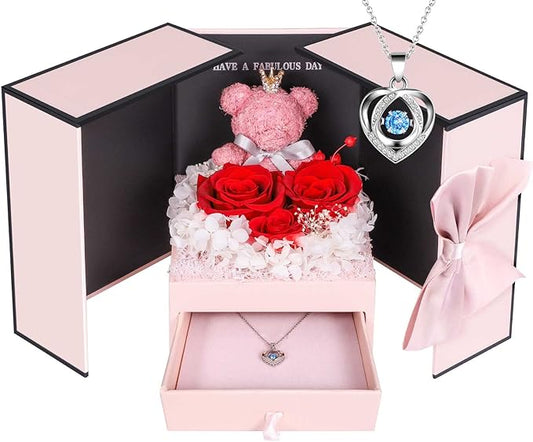 ADDWel Preserved Rose Box for Her, Forever Real Flowers with Sterling Silver Necklace - Romantic Gift for Delivery on Valentine’s Day, Christmas, Birthday, Anniversary