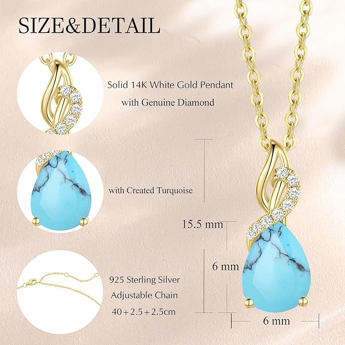 FANCIME 14K Solid Yellow Gold Teardrop Pendant with Diamond Birthstone Necklace Birthday Gifts for Mom Women, Sterling Silver Chain 16" + 2" Extender