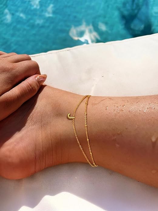 FaithHeart Initial Ankle Bracelets for Women, Waterproof 14k Gold Plated Initial Anklets Non Tarnish Stainless Steel Layered Anklet Summer Beach Foot Jewelry