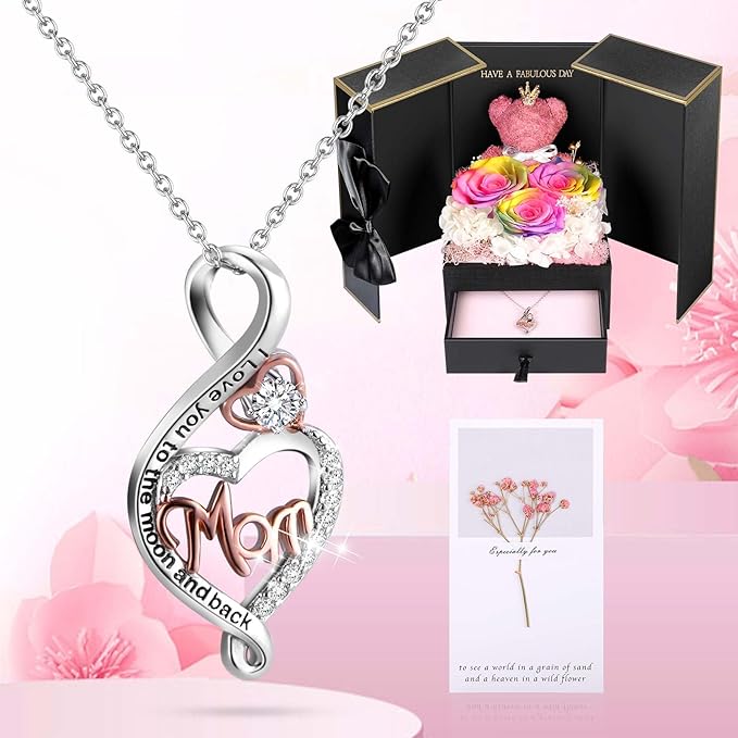 ADDWel Gifts for Mom from Daughter and Son, Unique Mom Birthday Gift Idea, Preserved Real Roses with Sterling Silver Mom Necklace, Cool Present to Mother Mama