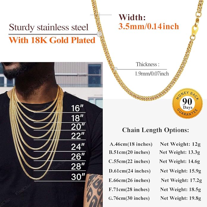 FindChic Men Curb Chain Necklace 18K Gold Plated/Stainless Steel/Black Chunky Double Tight Cuban Link Hip Hop Neck Chains for Men Boys 3.5MM/5MM/6MM/7MM/9MM/12MM 14''-30'' 8 Length Options (Send Gift Box)