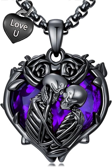 Flpruy 925 Sterling Silver Black Gothic Jewelry Gifts Skeleton Couple Pendant Crystal Birthstone Heart Necklace Punk Romantic Jewelry for Lover Men Women