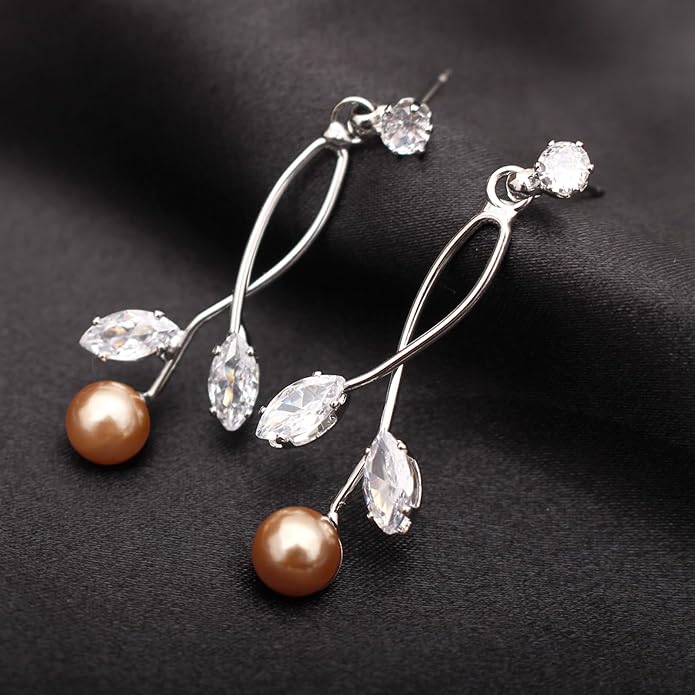 Luxury Cubic Zirconia Aurtrian Crystal Pearl Floral Necklace Dangle Earrings Wedding Bridal Jewelry Set Birthday Gifts for Her