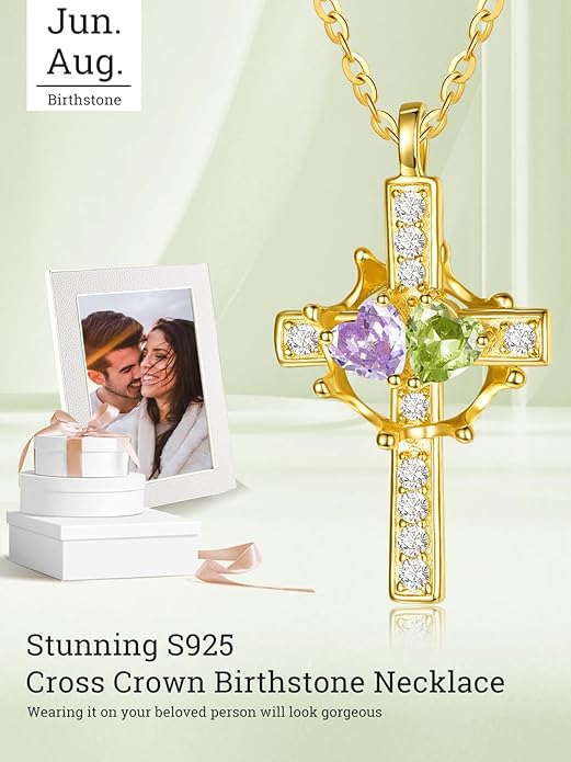 Zeuslia Double Birthstone Necklace Gifts for Wife - 925 Sterling Silver Sunflower/Rose/Crown Cross/Compass/Heart Pendant I Love You Necklace, Anniversary Birthday Gifts for Wife Girlfriend Mom Her