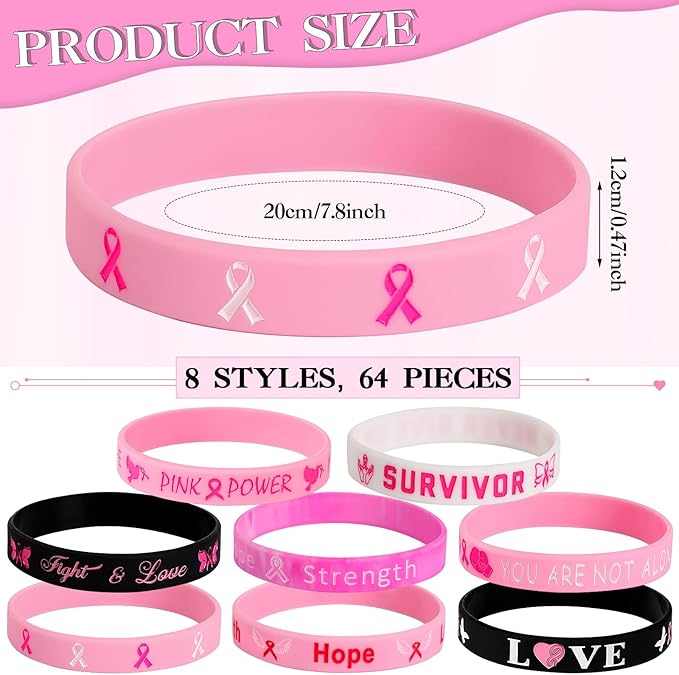 JUNEBRUSHS 64pcs Breast Cancer Awareness Silicone Bracelets Hope Faith Strength Courage Accessories Wristbands for Women Breast Cancer Awareness Gifts Party Supplies Favors (8 Designs)