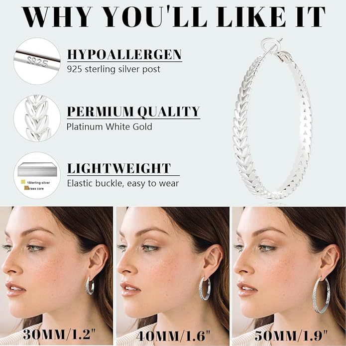 Silver Hoop Earrings for Women Hypoallergenic 925 Sterling Silver Post Hoop Earrings Lightweight Thick Large Silver Hoop Earrings 30/40/50MM