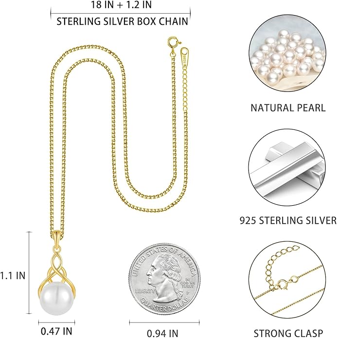 Veshon Celtic Infinity Pearl Pendant Necklace for Women, 925 Sterling Silver Good Luck Irish Pendant with 10MM Freshwater Cultured Pearl, White/Rose/ 14K Gold Plated Jewelry Gift