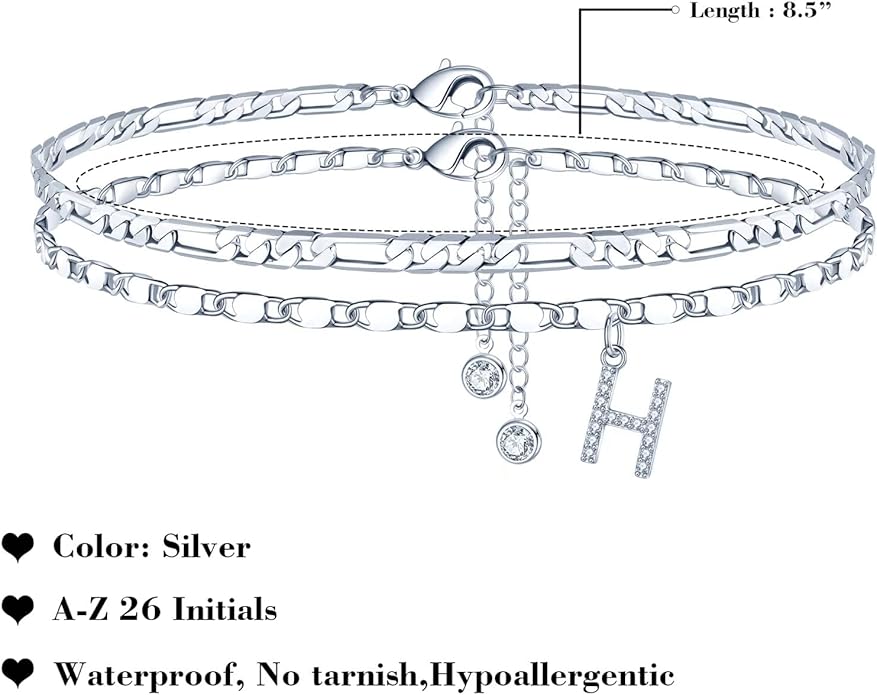 Ursteel Ankle Bracelets for Women, 14K-Gold-Plated Dainty Layered Chain CZ Initial Anklets Set Summer Jewelry Gifts for Women