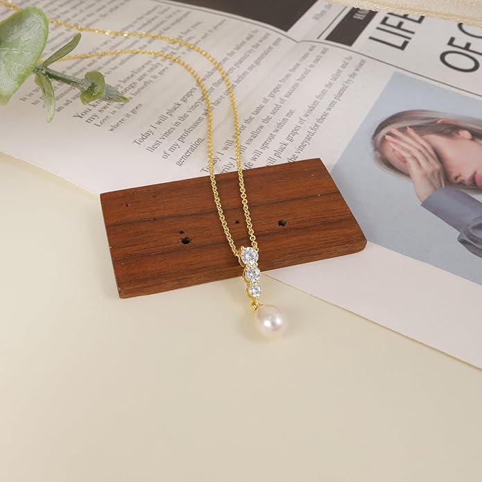 Pearl Necklace for Women Trendy,14k Gold Plated Necklace Dainty Wedding Necklace Small Cute Choker Necklace Beaded Lariat Drop Necklace Vintage Waterproof Jewelry for Women Gold Jewelry Fashion Gifts