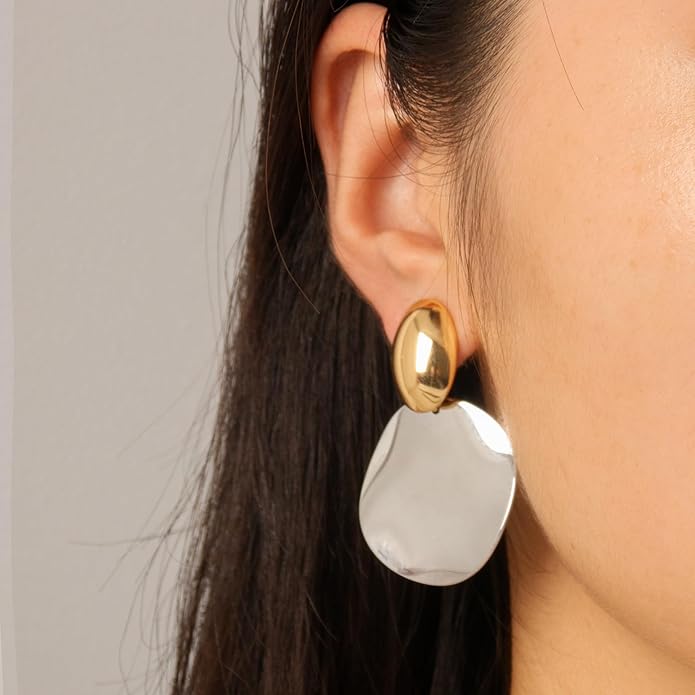 FAMARINE Big Disc Drop Earrings Gold Dangle Earrings Round Hammered Earrings Women