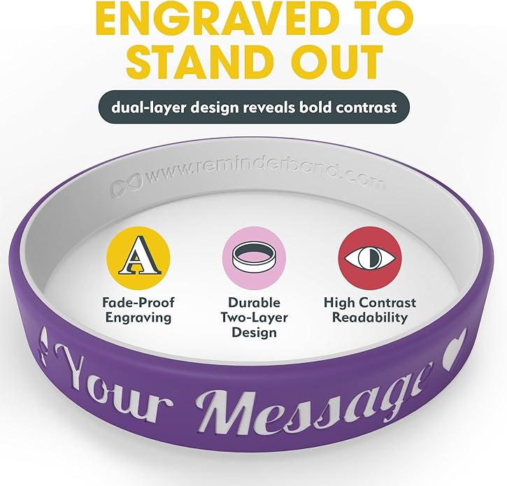Reminderband Custom 100% Silicone Luxe Wristbands – Personalized Motivational Bracelets, Bulk Rubber Bands for Events, Fundraisers, Awareness, Gifts - Hypoallergenic Bands