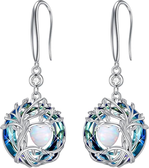 TOUPOP Tree of Life Birthstone Earrings for Women 925 Sterling Silver Family Tree Dangle Earrings Austrian Crystal Jewelry Birthday Christmas Gifts for Her Girlfriend Wife Mom