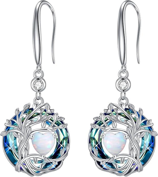 TOUPOP Tree of Life Birthstone Earrings for Women 925 Sterling Silver Family Tree Dangle Earrings Austrian Crystal Jewelry Birthday Christmas Gifts for Her Girlfriend Wife Mom
