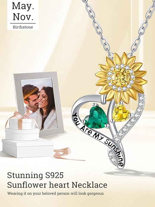 Zeuslia Double Birthstone Necklace Gifts for Wife - 925 Sterling Silver Sunflower/Rose/Crown Cross/Compass/Heart Pendant I Love You Necklace, Anniversary Birthday Gifts for Wife Girlfriend Mom Her