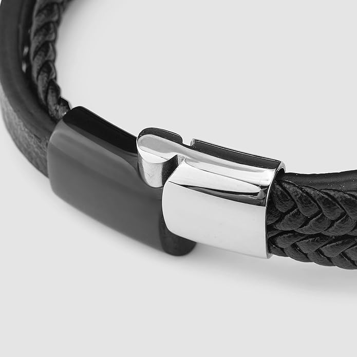 SERASAR | Premium Genuine Leather Bracelet [Glory] for Men in Black | Magnetic Stainless Steel Clasp in Silver and Gold | Exclusive Jewelry Box | Great Gift Idea