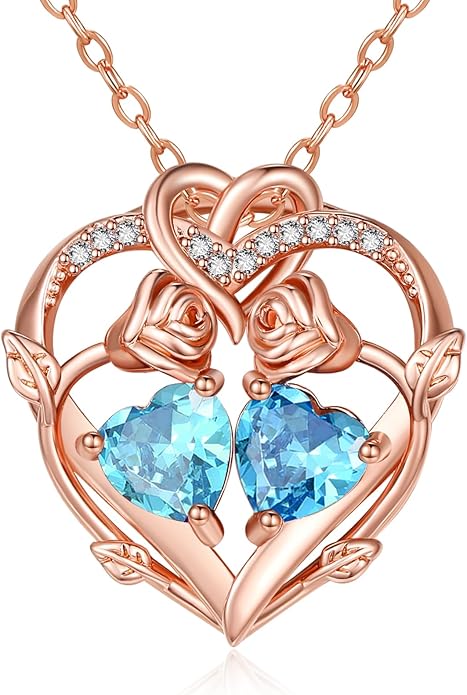 Rose Gold Necklaces for Women Double Birthstone Rose Flower Heart Pendant Necklace Jewelry Anniversary Christmas Valentine's Mother's Day Birthday Gift for Wife Mom Her Girlfriend Sister