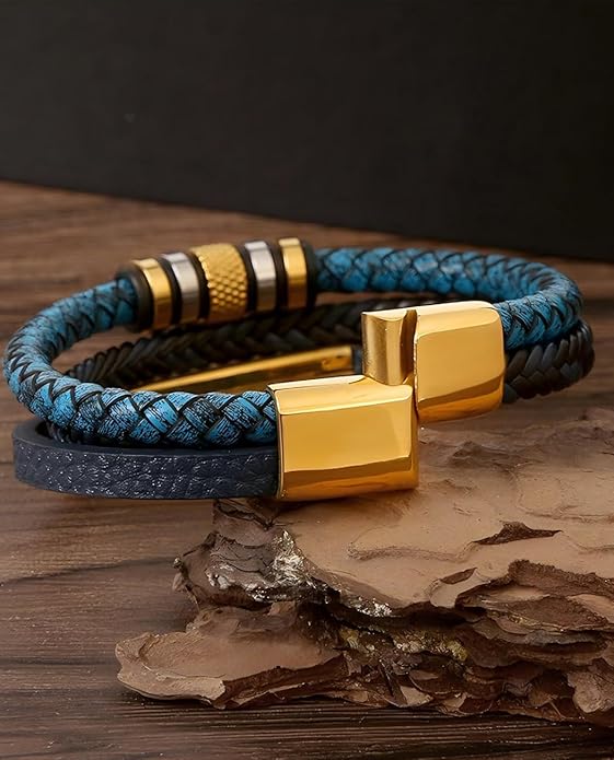 Italian Handmade Genuine Leather Bracelets for Men Stainless Steel Clip, Men's Casual Genuine Multi-layer Cuff Bracelet, Bracelet Gift for Real Men