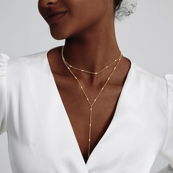 Lariat Gold Necklace for Women Trendy Dainty 14k Gold Plated/Silver Layered Chain Drop Necklaces Y-Shaped Necklace Jewelry for Women Gifts