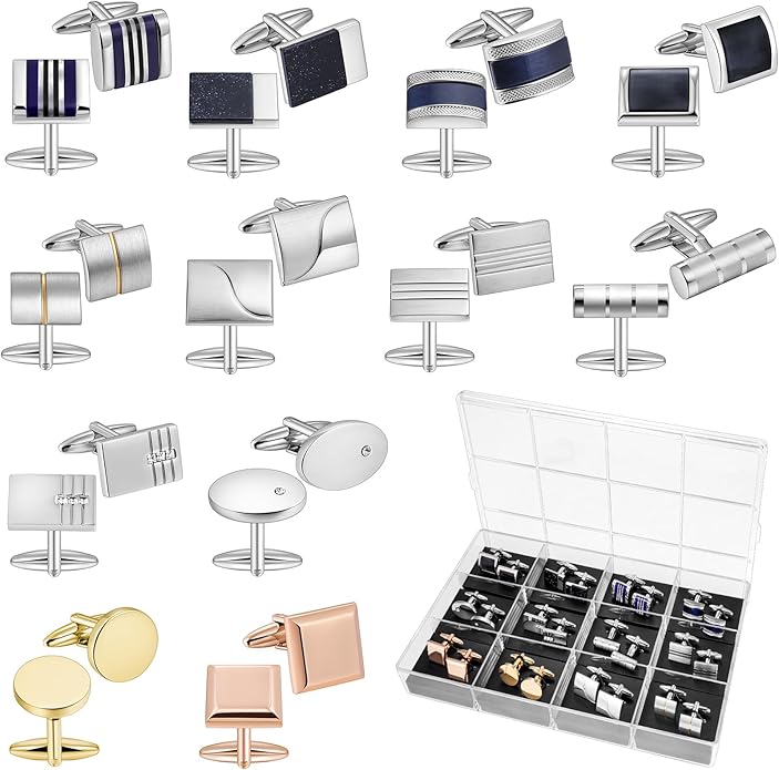 HAWSON 12 Pairs Cufflinks Set for Men, Classic Silver Gold Tone Cuff Links for Mens Suits Tuxedo Shirts - Elegant Box Included