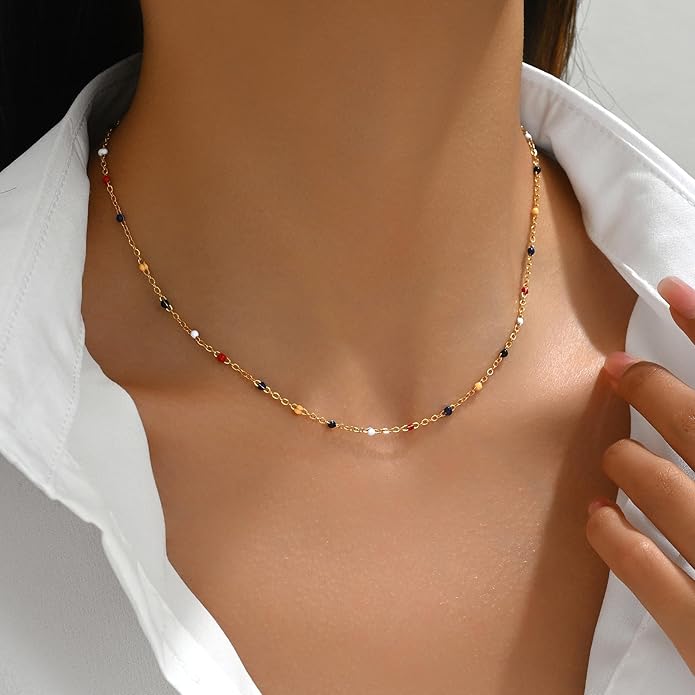 Gold Chain Necklace for Women Dainty 18K Gold Plated Thin Satellite Beaded Turquoise Necklace Simple Gold Boho Jewelry