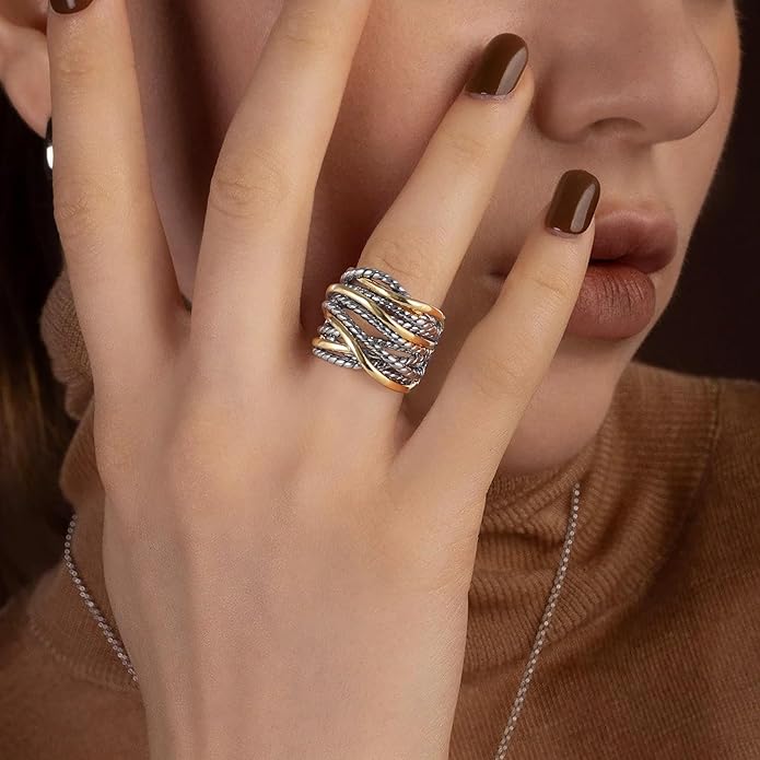 Wide Band Rings Twisted Rope Ring Two-Tone Mixed Metal Braided Statement Rings Fashion Jewelry for Women