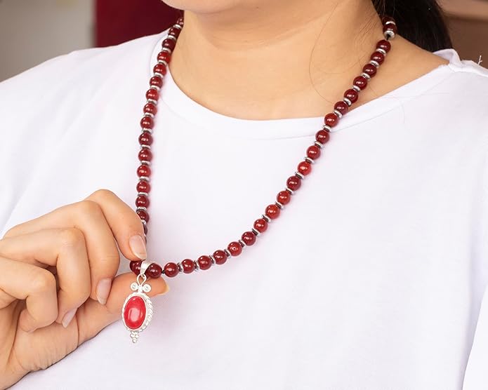 Natural Carnelian Agate Silver Pendant, Genuine Black Onyx Beaded Necklace, Gemstone Strong Necklace, 18x13 Cabachon, Fashion Dainty Jewelry, Healing Crystal Chakra Necklace, Minimalist Necklace
