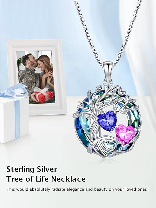 TOUPOP s925 Sterling Silver Family Celtic Tree of Life Pendant Necklaces with 2 Heart Birthstone with Blue Austrian Crystal Jewelry Birthday Anniversary Christmas Gifts for Her Wife Girlfriend Mom (18K Real White Gold Filled)