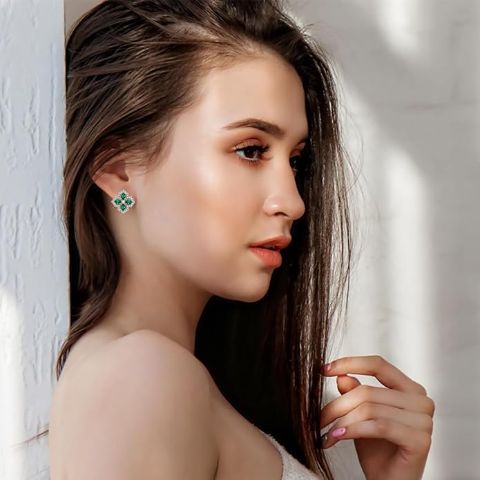 VONSSY Four Leaf Clover Necklace Earrings Shamrock Irish ST Patricks Jewelry Set Gift Green Emerald Zircon Crystal Stud 18k Gold Plated Chain Saint Pendant for Woman Wife Girlfriend