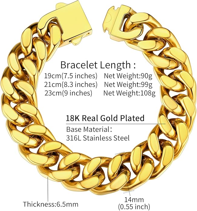 ChainsHouse Stainless Steel Cuban Link Bracelet for Men, 5mm/7mm/9mm/12mm Width, 7.5"/8.3"/9" Length, Black/18K Gold Plated Chain Wrist Bracelets for Men, with Gift Box