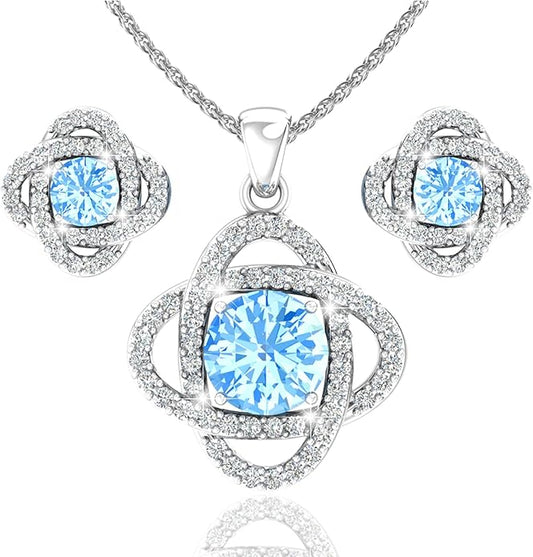 Women 925 Sterling Silver Cute Love Knot Sparkling Gemstone Push Back Stud Earrings Hanging Pendant Necklace Beautiful Fine Jewelry Accessory Set, 1.65 Carat