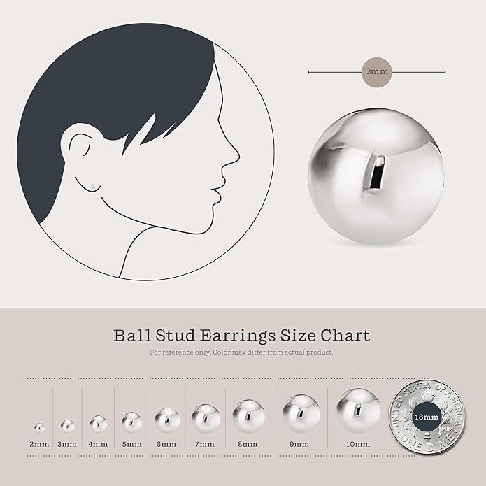 KEZEF Sterling Silver Ball Stud Earrings Hypoallergenic Earrings for Women | Available in Sterling Silver, Rose Gold, or 14K Gold Plated Silver (2mm-10mm)