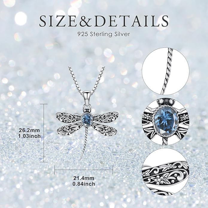 Vintage Dragonfly Necklace for Women 925 Sterling Silver, Oval Birthstone Dragonfly Pendant Boho Jewelry Birthday Gift for Her, Mom, Grandma