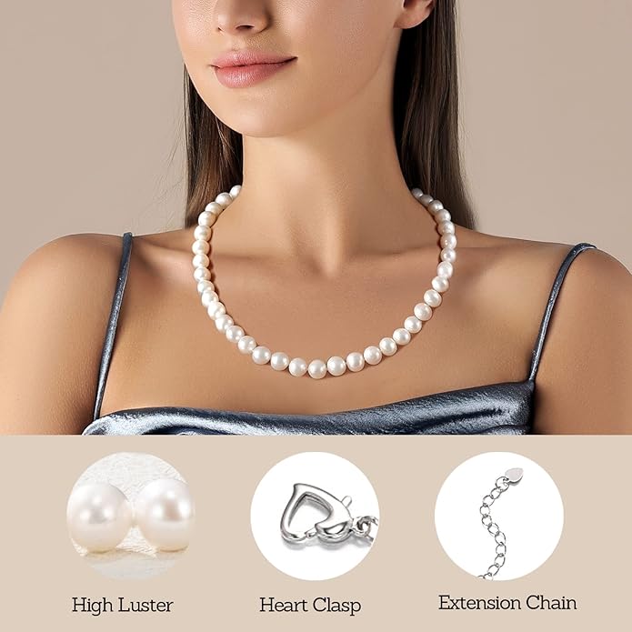 Freshwater Cultured Pearl Necklace, Real Pearl Necklace with Silver Chain and Clasp, Jewelry for Brides Wedding Gifts for Women Her Wife Sister