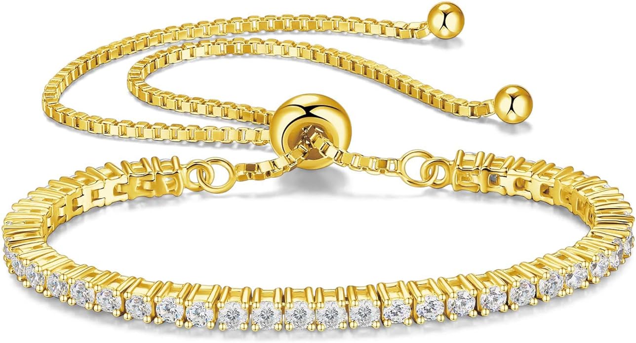 1.2-12 CTTW Moissanite Tennis Bracelet for Women, Adjustable 2-5mm D Color VVS1 Round Cut Moissanite Bolo Bracelet, 18K Gold Plated 925 Sterling Silver Simulated Diamond Bracelet Gifts for Women Her