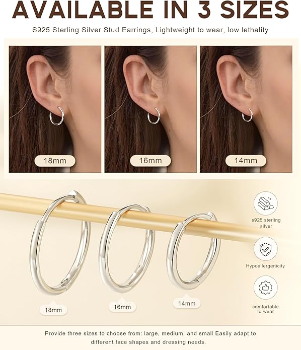 Monkton Huggie Earrings S925 Sterling Silver Minimalist Hoop Earrings - 14mm/16mm/18mm Chic Lightweight Hypoallergenic Women's Jewelry