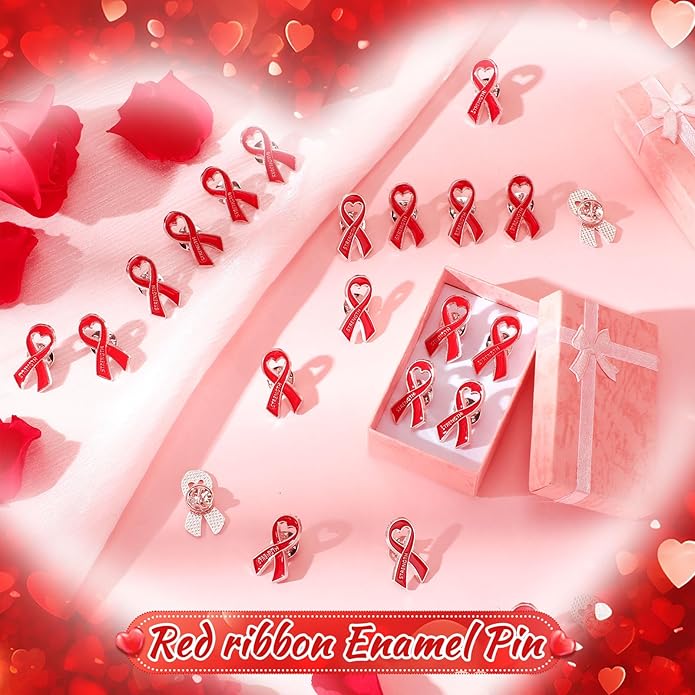 Tondiamo Red Ribbon Pins Bulk Heart Awareness Lapel Pins Heart Disease Brooches Hiv Aids Awareness Brooches for Doctors Charity Fundraising Red Ribbon Week Supplies