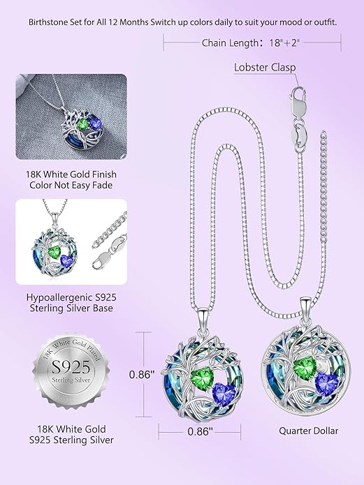 TOUPOP s925 Sterling Silver Family Celtic Tree of Life Pendant Necklaces with 2 Heart Birthstone with Blue Austrian Crystal Jewelry Birthday Anniversary Christmas Gifts for Her Wife Girlfriend Mom (18K Real White Gold Filled)