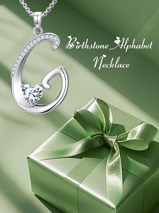 Christmas Gifts for Women Alphabet A to Z Initial Birthstone Pendant Necklaces for Women - 18k White Gold Plated Personalized Name Jewelry Valentine Mothers Day Birthday Gifts for Women Her Girlfriend