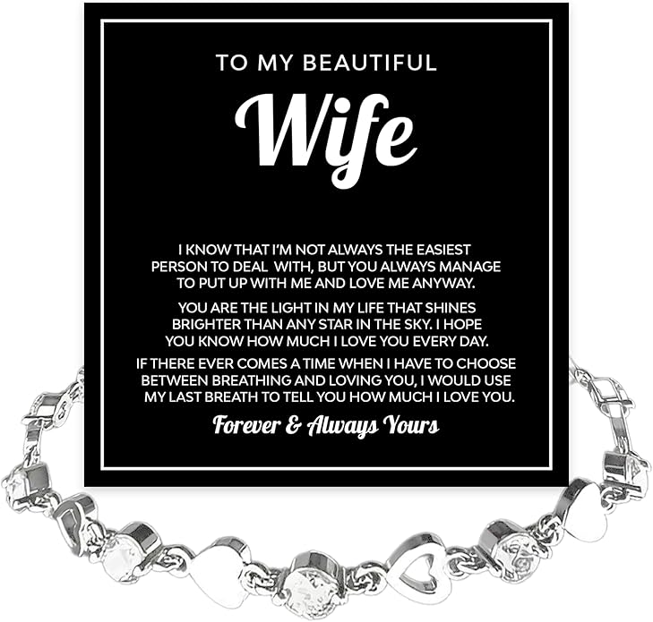 To My Wife Crystal Heart Bracelet Gift From Husband, Beautiful Wife Jewelry For Anniversary, Birthday, Christmas, Valentine’s Day, Bracelet For Her With Heartfelt Message & Elegant Box