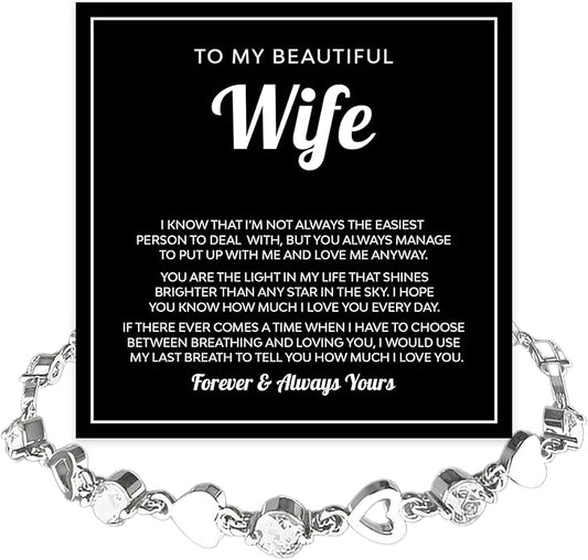 To My Wife Crystal Heart Bracelet Gift From Husband, Beautiful Wife Jewelry For Anniversary, Birthday, Christmas, Valentine’s Day, Bracelet For Her With Heartfelt Message & Elegant Box